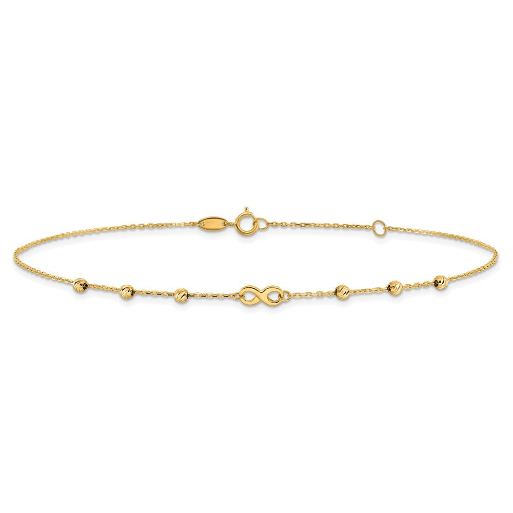 14K Infinity Symbol and Diamond-cut Beads 10 inch Plus 1 inch Extender - Total 11 inch Anklet