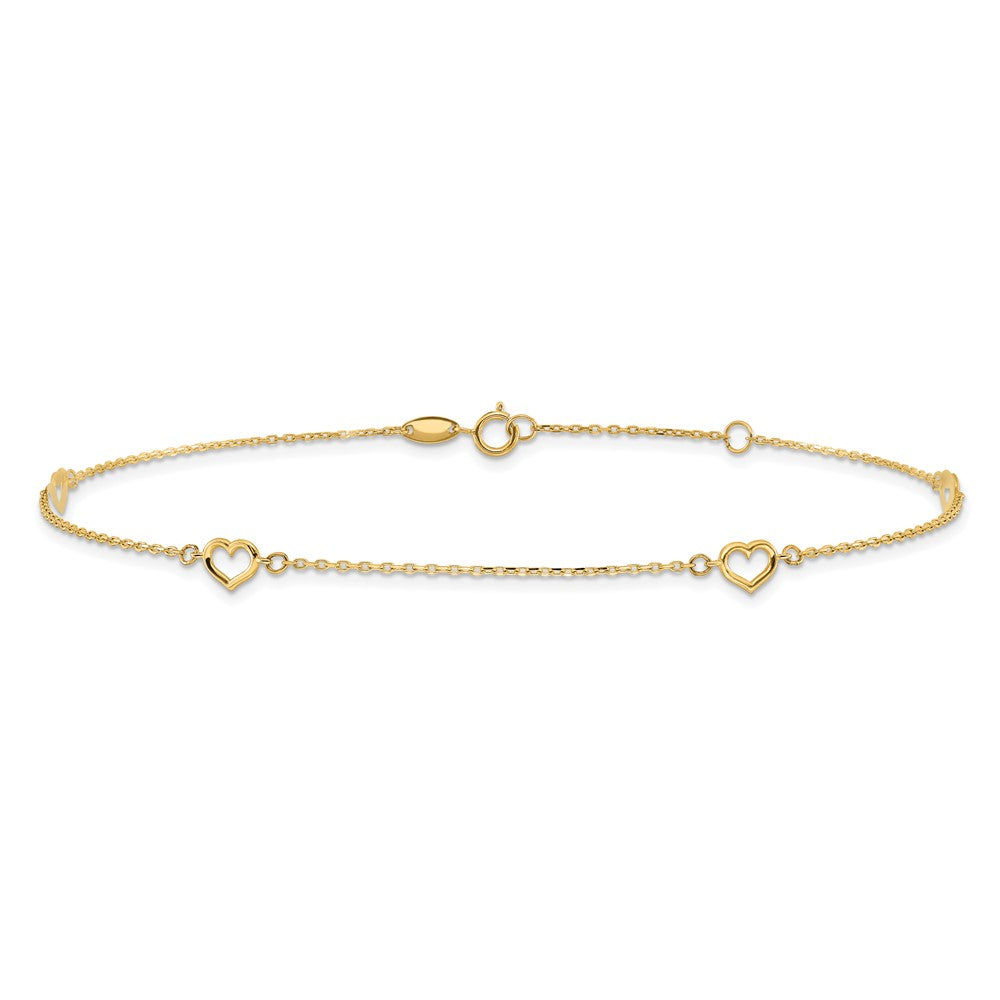 14K Open Hearts 4-Station 10 inch Plus 1 inch Extender - Total 11 inch Anklet