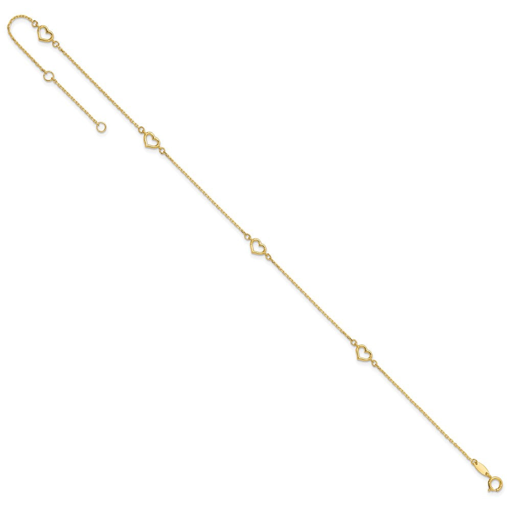 14K Open Hearts 4-Station 10 inch Plus 1 inch Extender - Total 11 inch Anklet