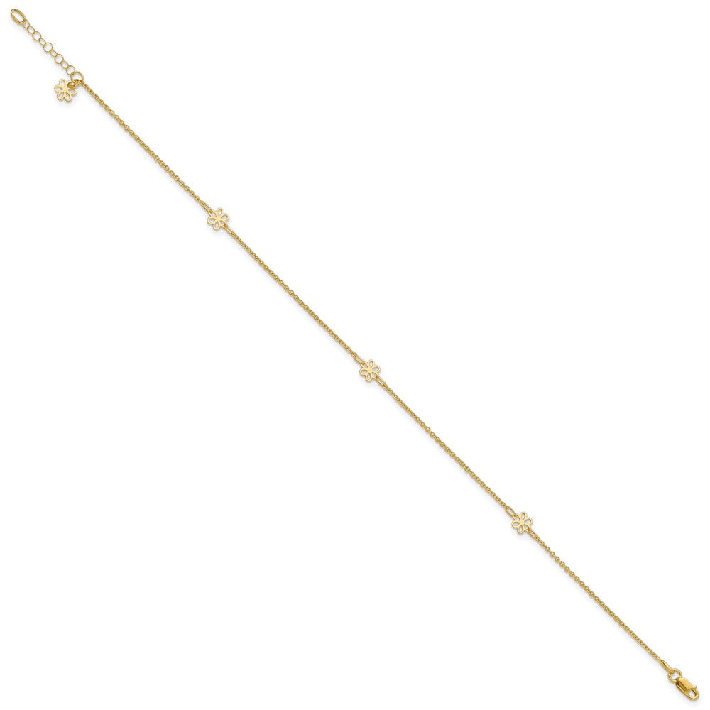 14K Flowers 3-Station with Flower Dangle 10 inch Plus 1 inch Extender - Total 11 inch Anklet