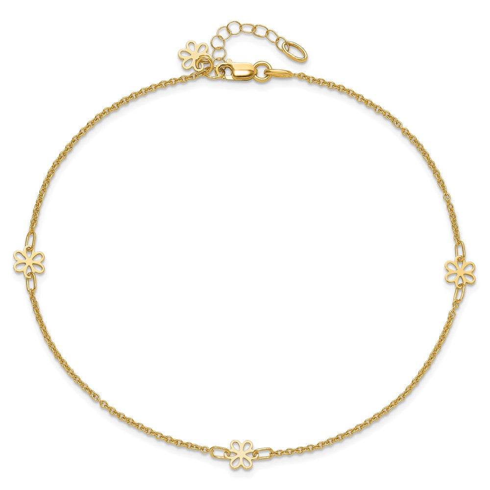 14K Flowers 3-Station with Flower Dangle 10 inch Plus 1 inch Extender - Total 11 inch Anklet