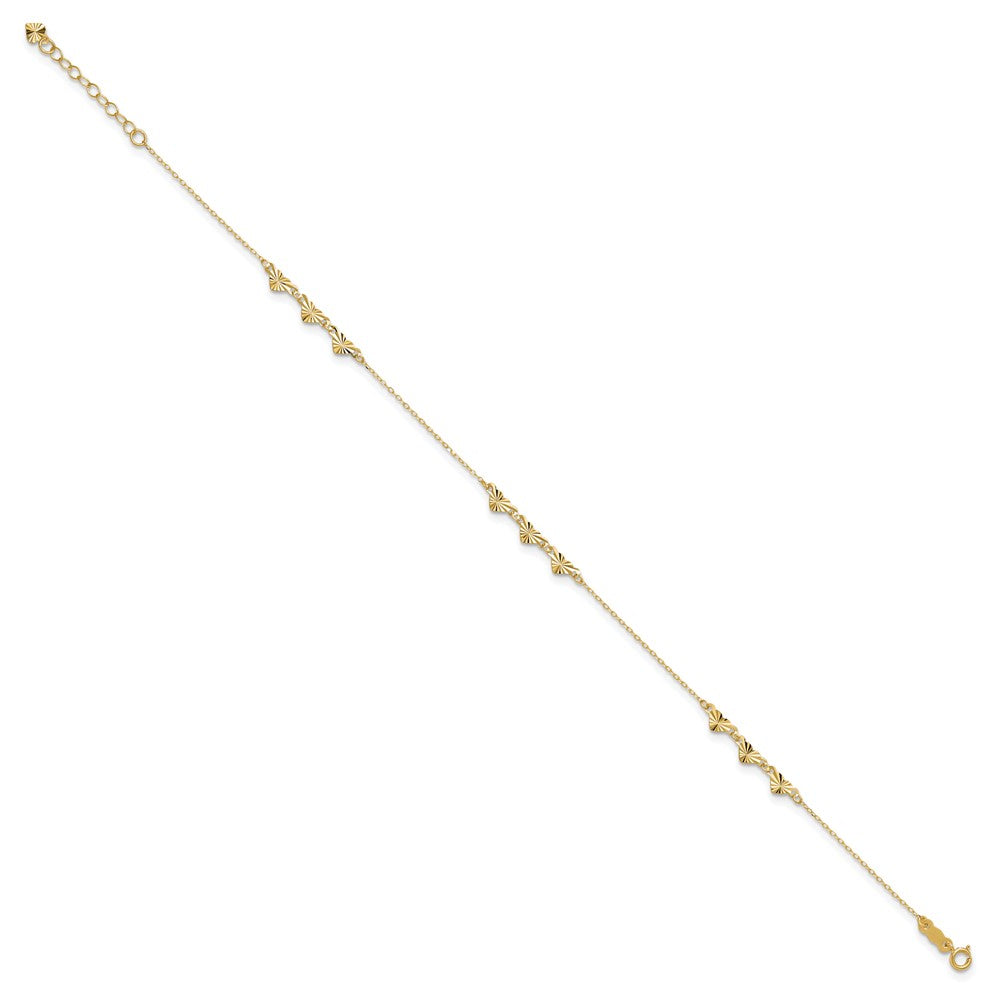 14K Diamond-cut Hearts 9 inch Plus 1 inch Extender - Total 10 inch Anklet