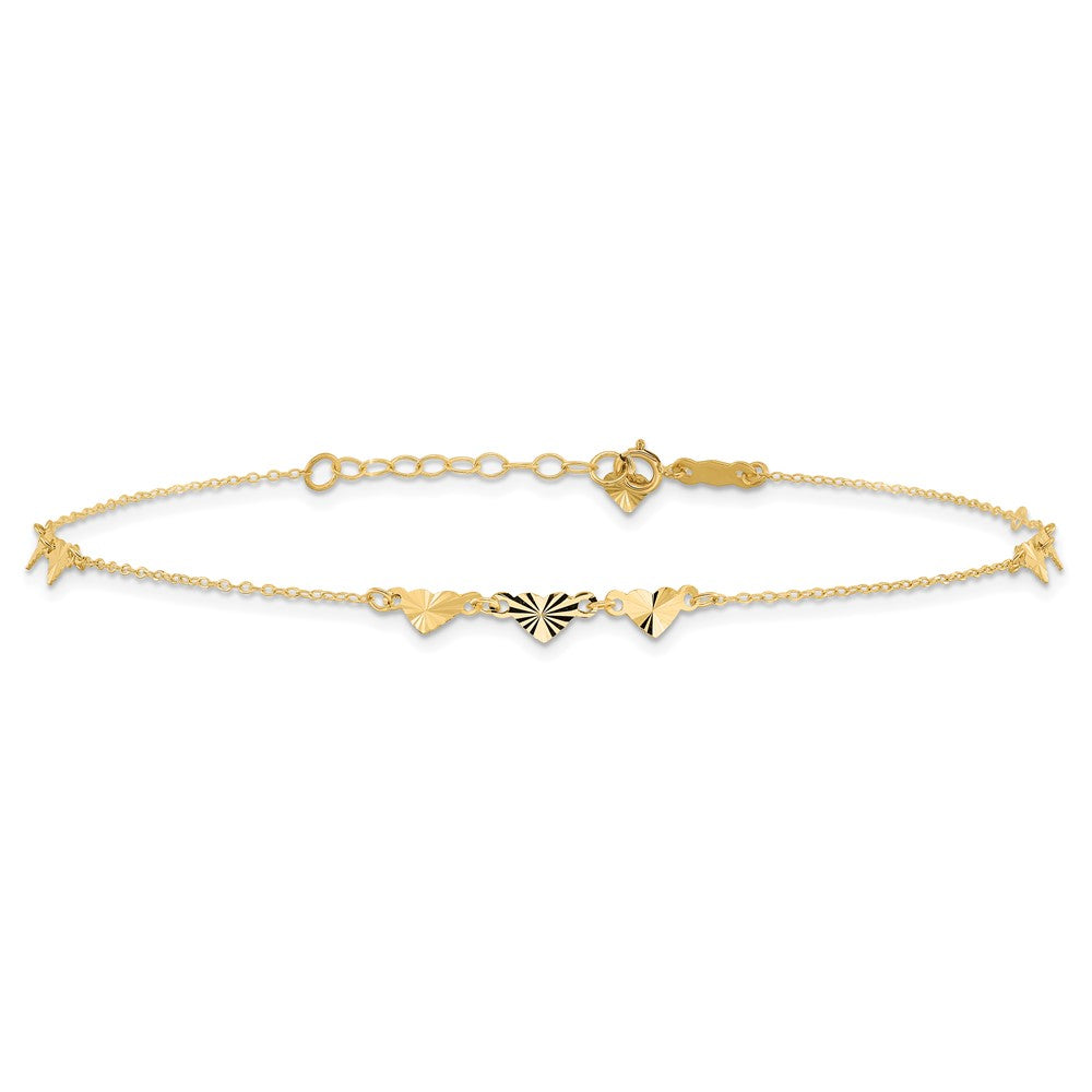 14K Diamond-cut Hearts 9 inch Plus 1 inch Extender - Total 10 inch Anklet
