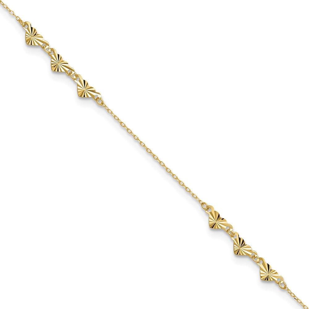 14K Diamond-cut Hearts 9 inch Plus 1 inch Extender - Total 10 inch Anklet