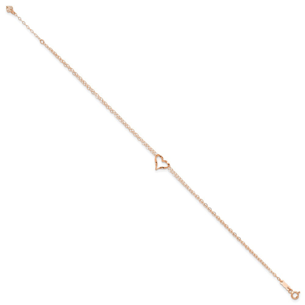 14k Rose Gold Double Strand Chain Twisted Heart 9 inch Plus 1 inch Extender - Total 10 inch Anklet