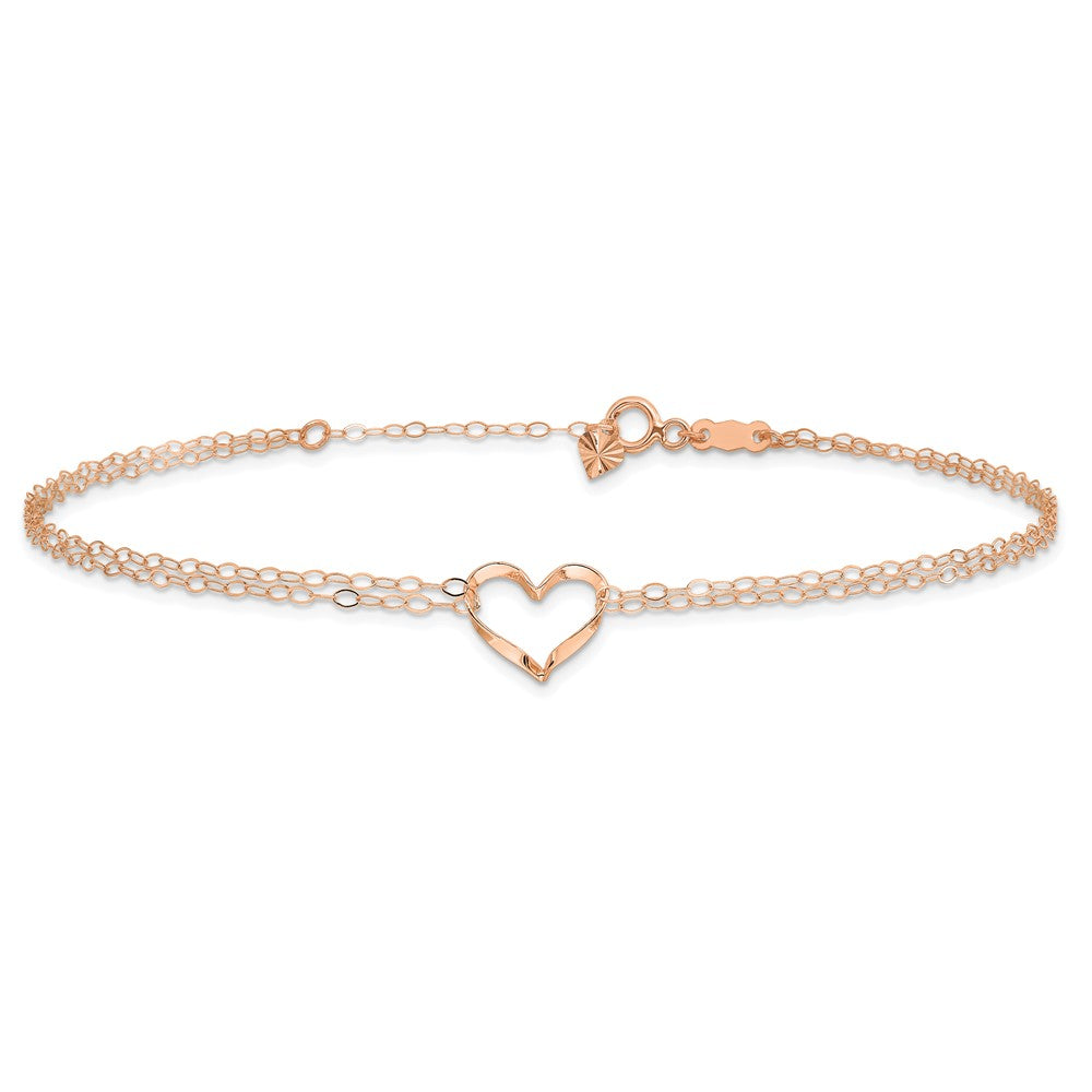 14k Rose Gold Double Strand Chain Twisted Heart 9 inch Plus 1 inch Extender - Total 10 inch Anklet
