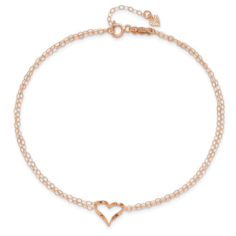 14k Rose Gold Double Strand Chain Twisted Heart 9 inch Plus 1 inch Extender - Total 10 inch Anklet