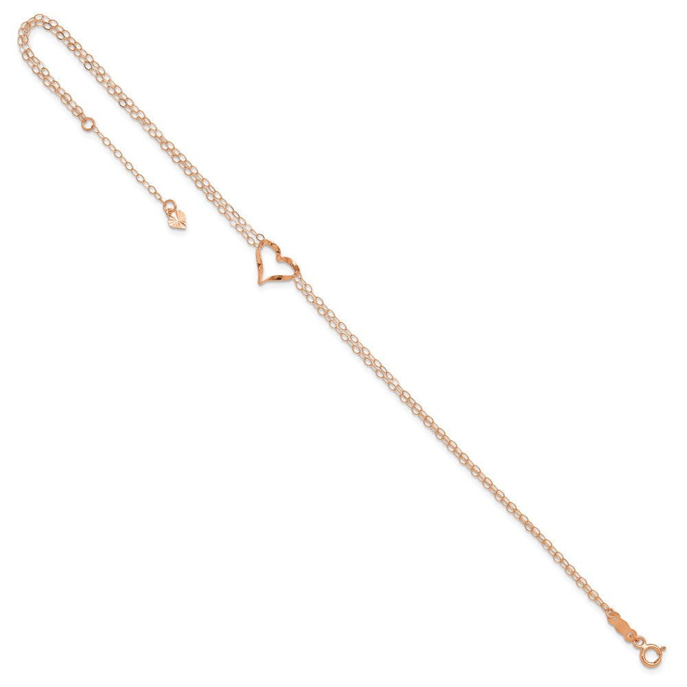 14k Rose Gold Double Strand Chain Twisted Heart 9 inch Plus 1 inch Extender - Total 10 inch Anklet