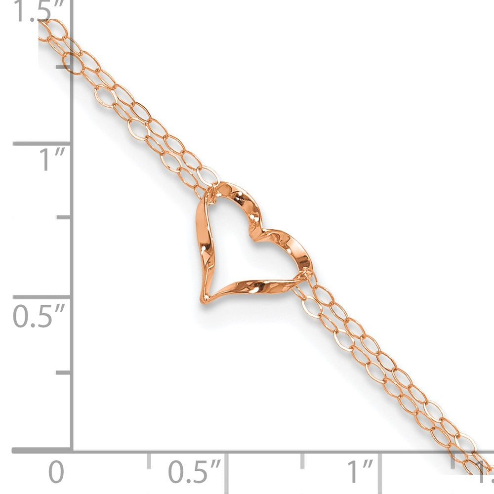 14k Rose Gold Double Strand Chain Twisted Heart 9 inch Plus 1 inch Extender - Total 10 inch Anklet