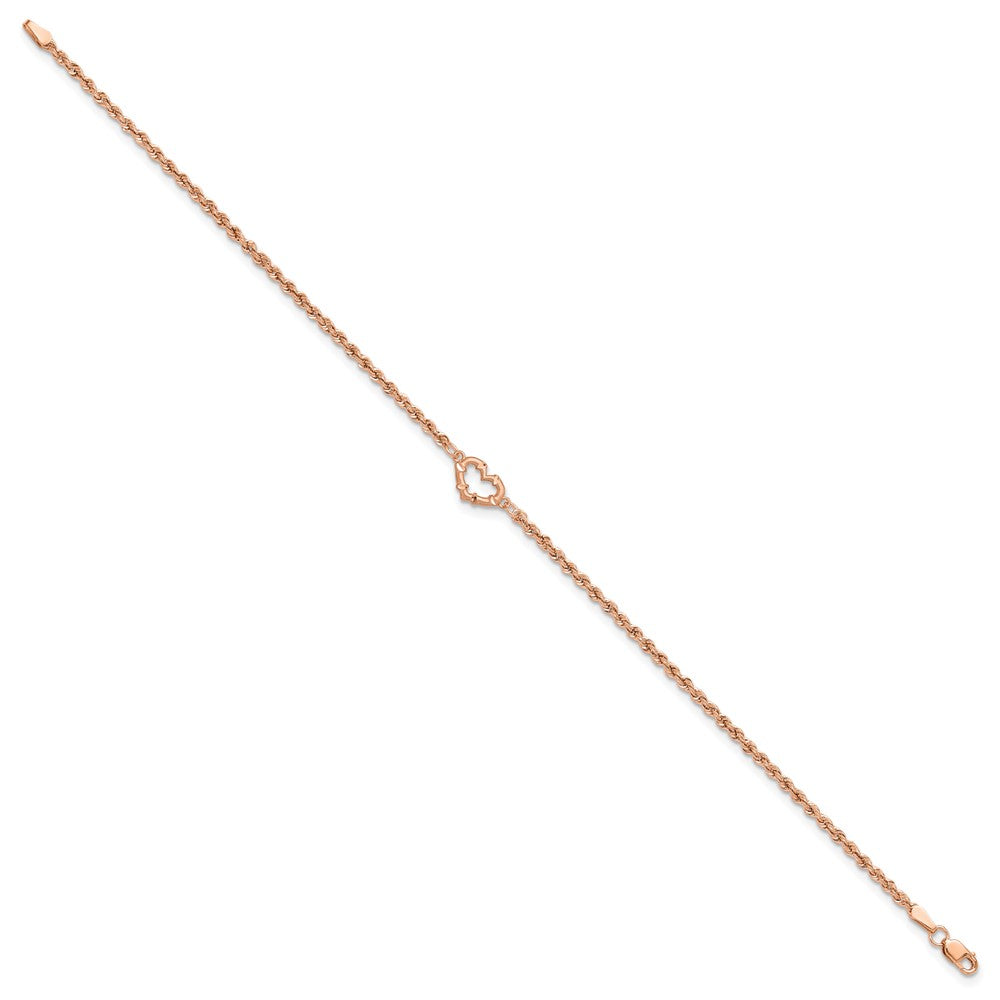 14k Rose Gold Diamond-cut Open Heart and Rope Chain 10 inch Anklet