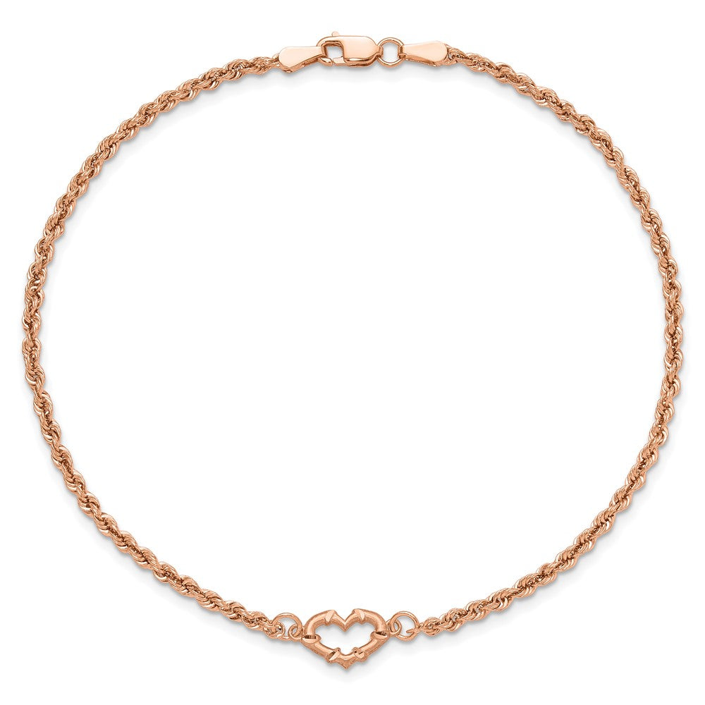14k Rose Gold Diamond-cut Open Heart and Rope Chain 10 inch Anklet