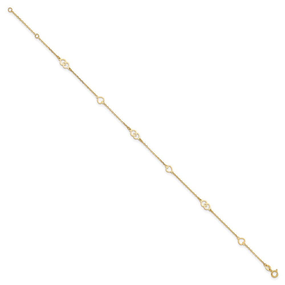 14K Polished Heart Links and Chain 9 inch Plus 1 inch Extender - Total 10 inch Anklet
