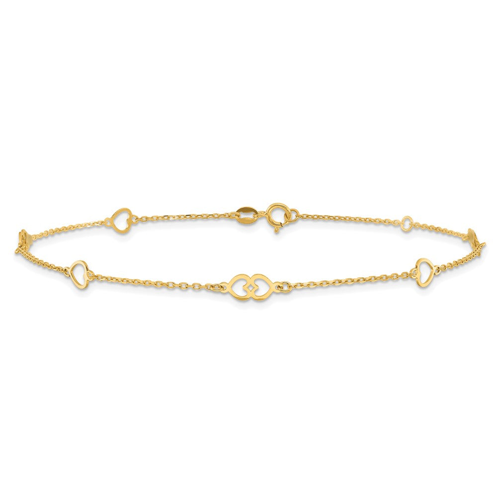 14K Polished Heart Links and Chain 9 inch Plus 1 inch Extender - Total 10 inch Anklet