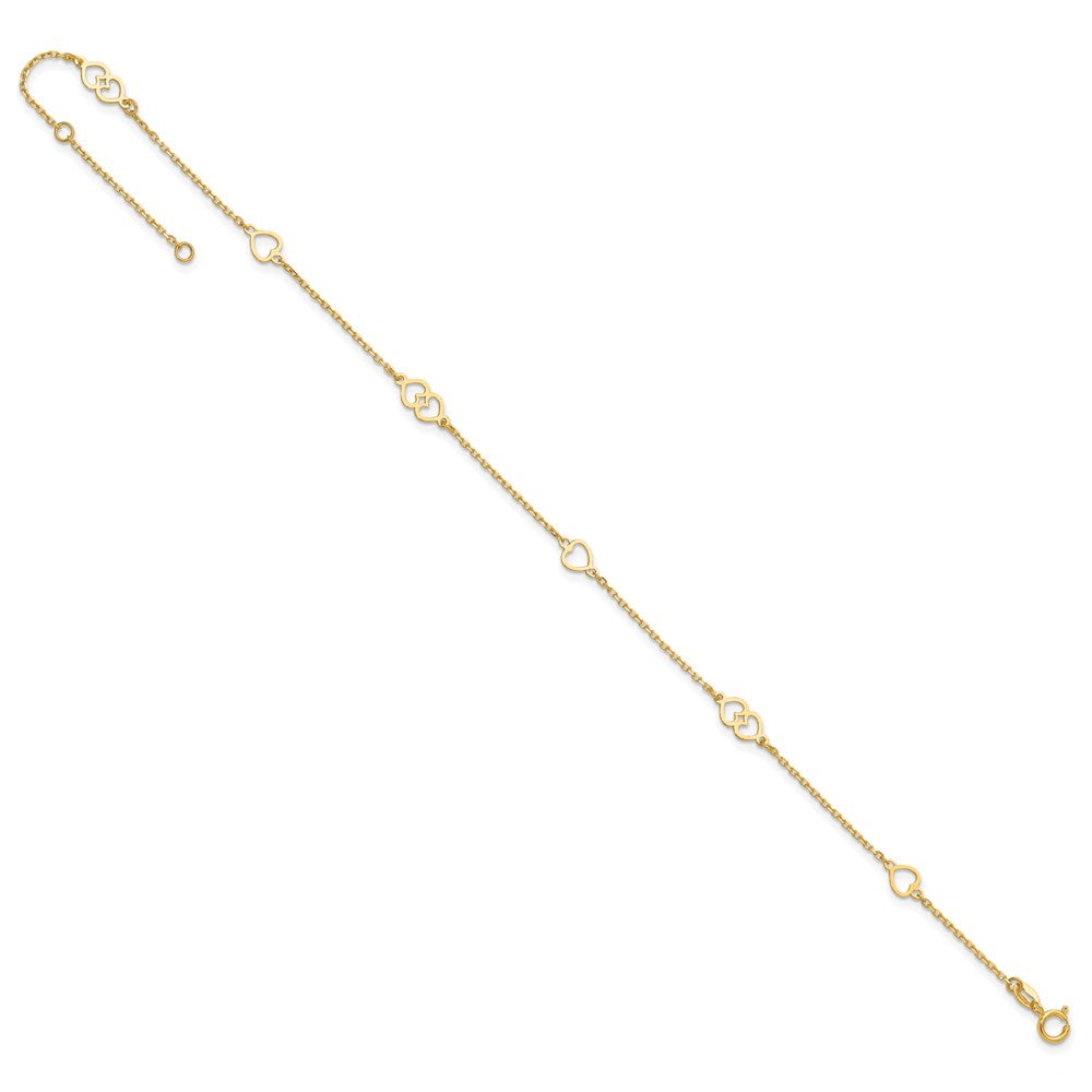 14K Polished Heart Links and Chain 9 inch Plus 1 inch Extender - Total 10 inch Anklet
