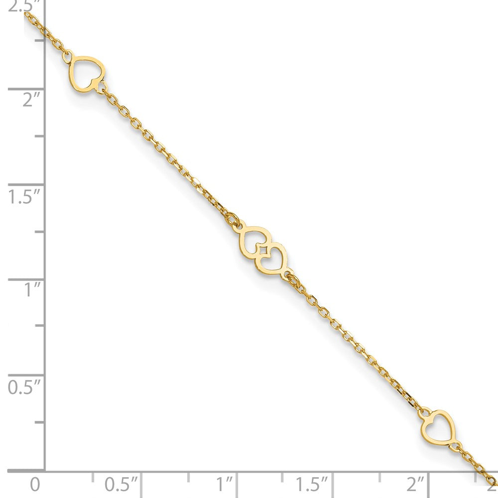 14K Polished Heart Links and Chain 9 inch Plus 1 inch Extender - Total 10 inch Anklet