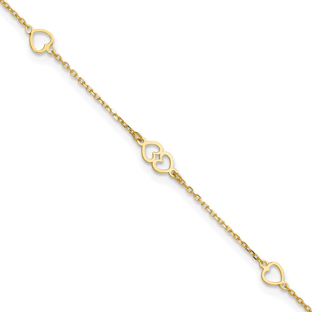 14K Polished Heart Links and Chain 9 inch Plus 1 inch Extender - Total 10 inch Anklet
