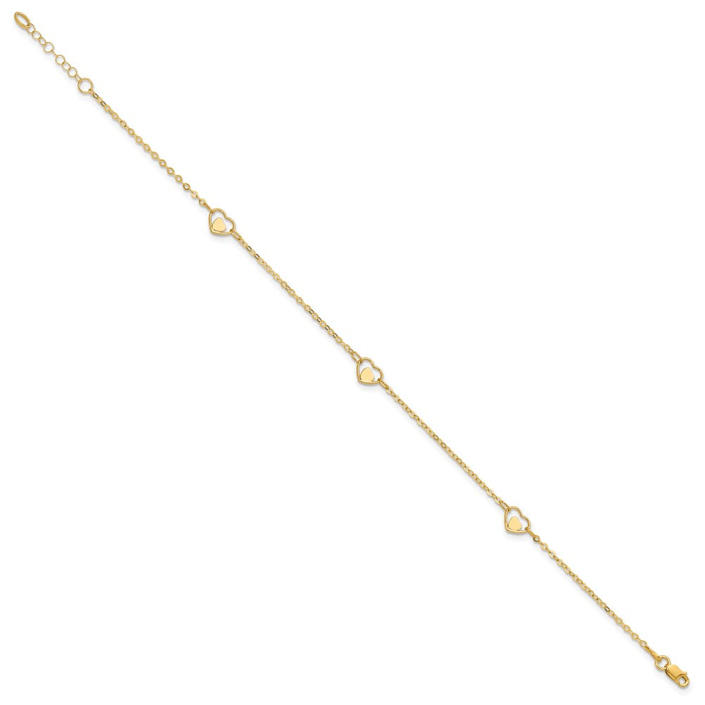 14K Polished Heart-in-Heart Links 3-Station 9 inch Plus 1 inch Extender - Total 10 inch Anklet