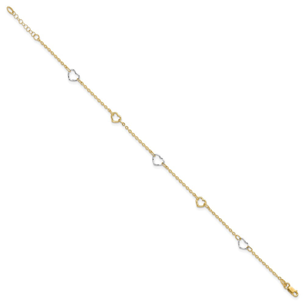 14K Two-tone Polished Open Hearts 5-Station 9 inch Plus 1 inch Extender - Total 10 inch Anklet
