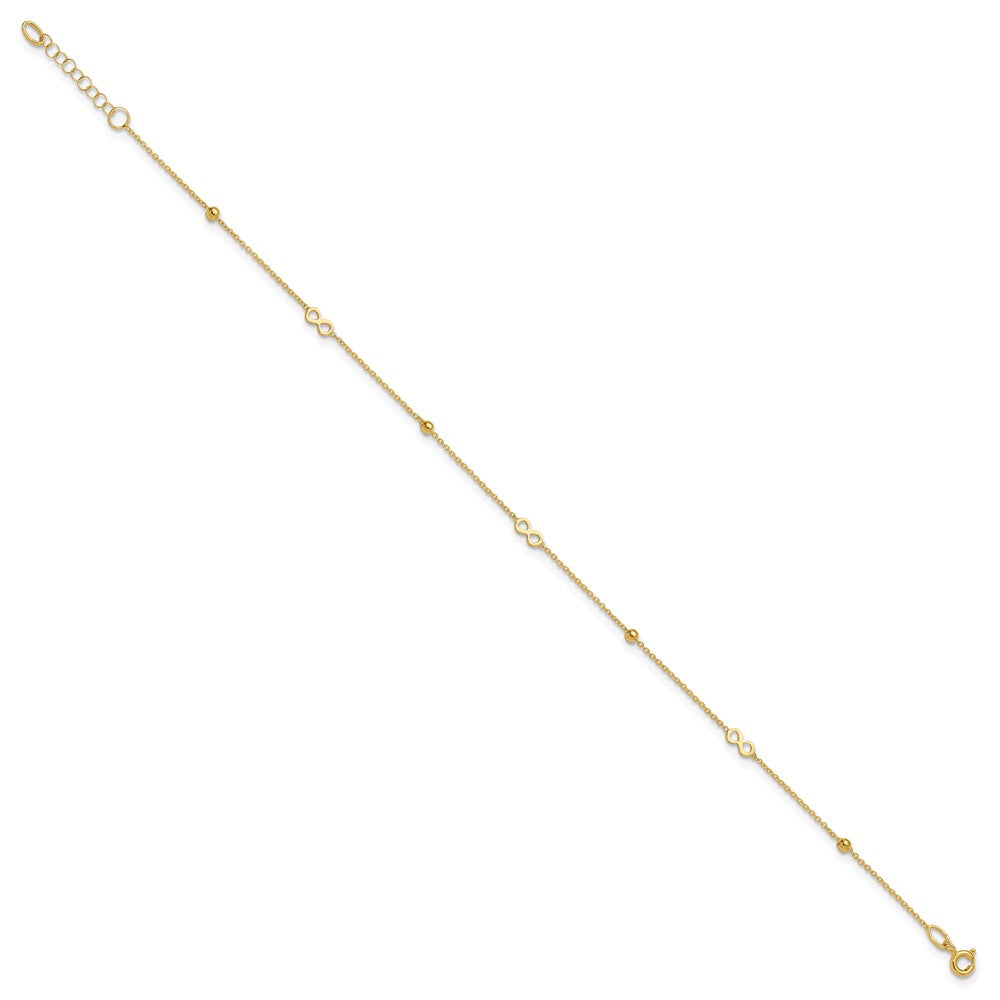 14K Polished Infinity and Beads 9 inch Plus 1 inch Extender - Total 10 inch Anklet