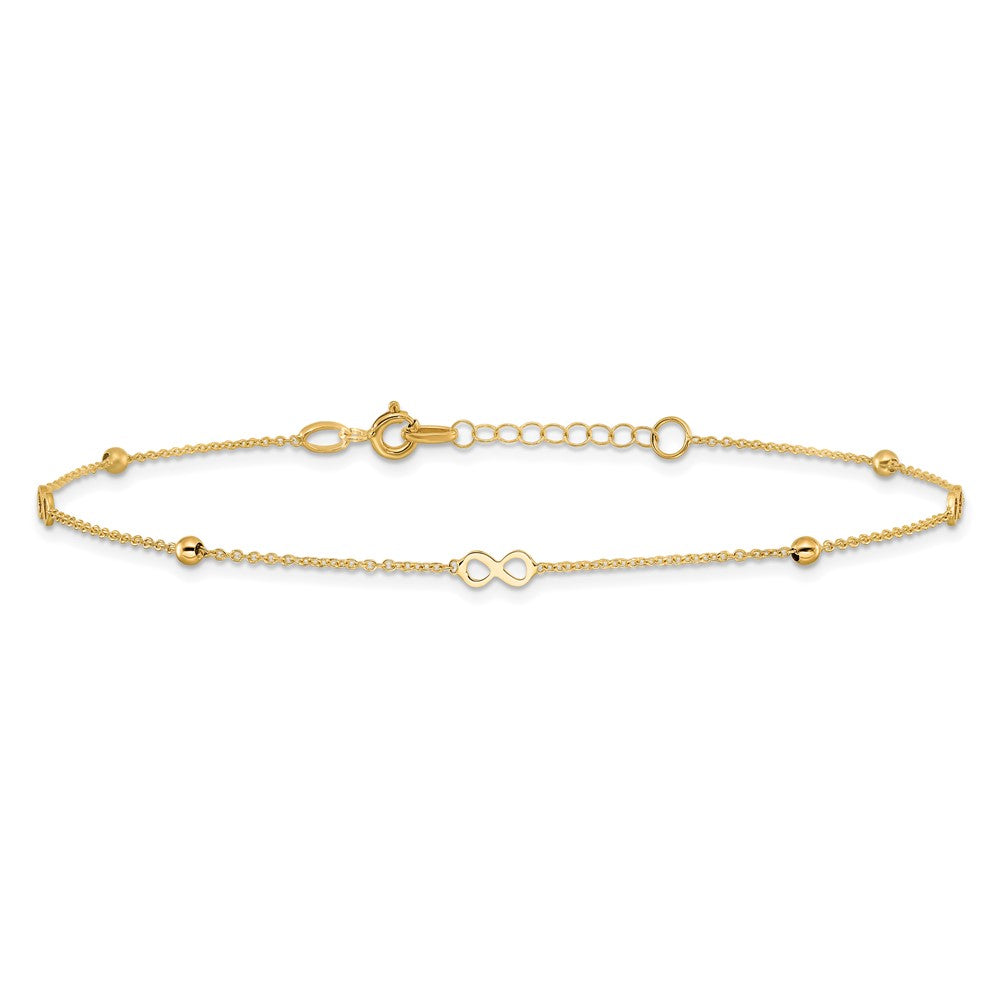 14K Polished Infinity and Beads 9 inch Plus 1 inch Extender - Total 10 inch Anklet