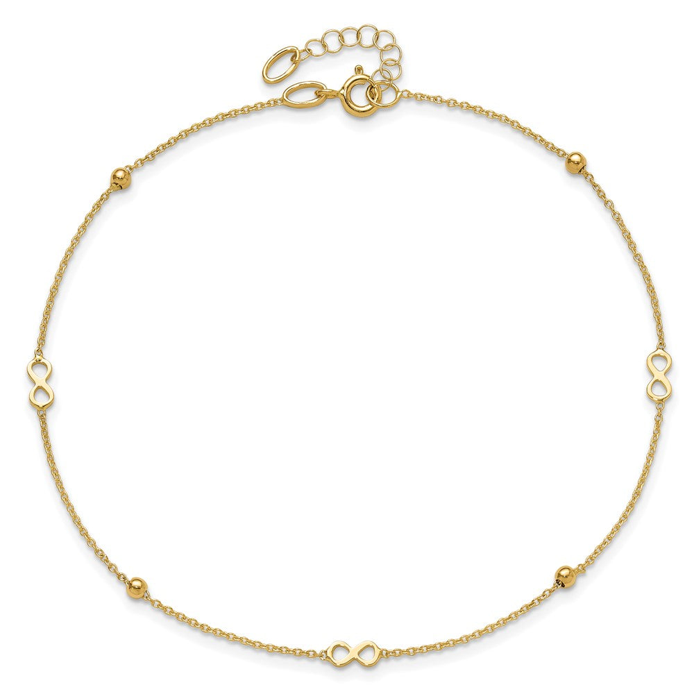 14K Polished Infinity and Beads 9 inch Plus 1 inch Extender - Total 10 inch Anklet