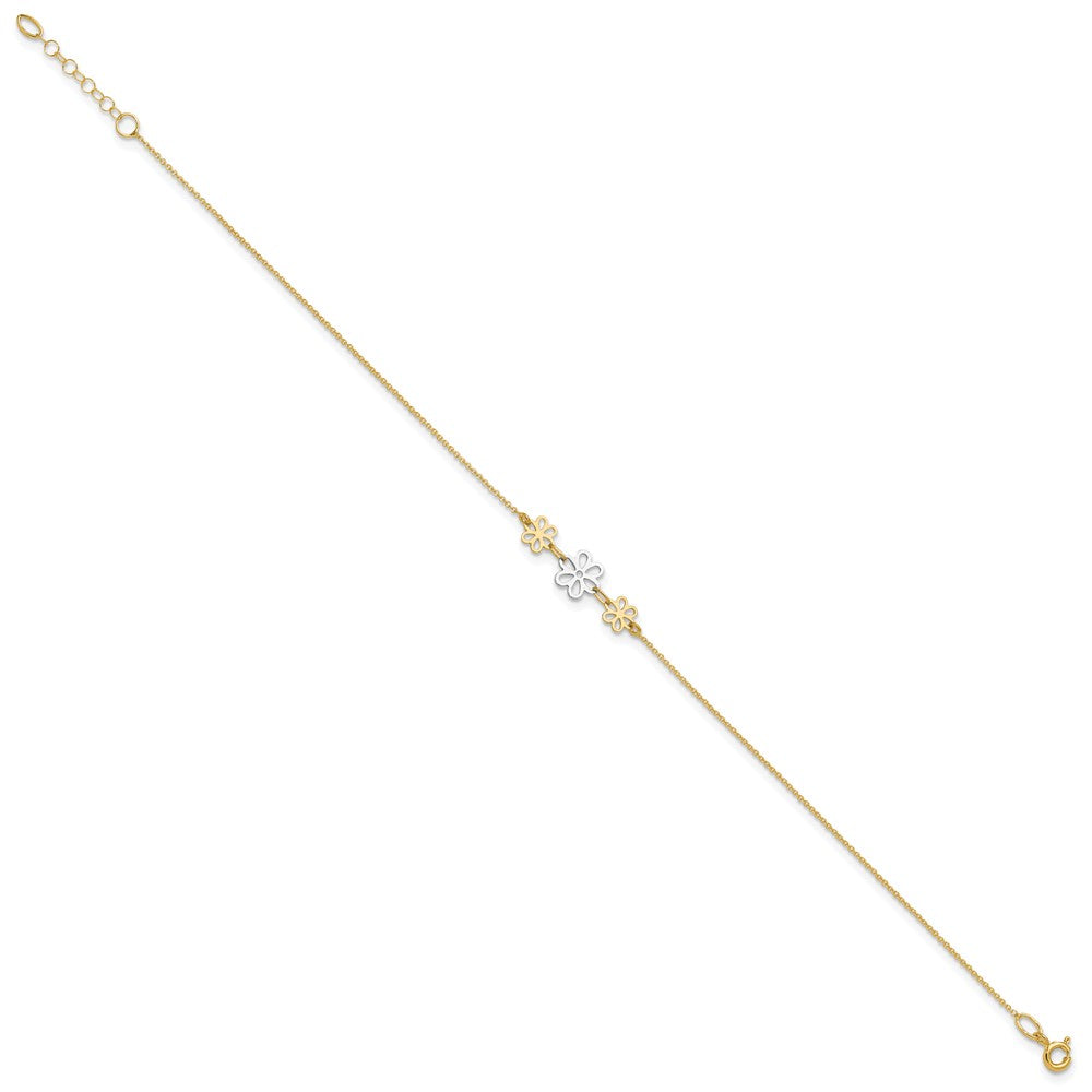 14K Two-tone Polished Three Cut-out Flowers 9 inch Plus 1 inch Extender - Total 10 inch Anklet