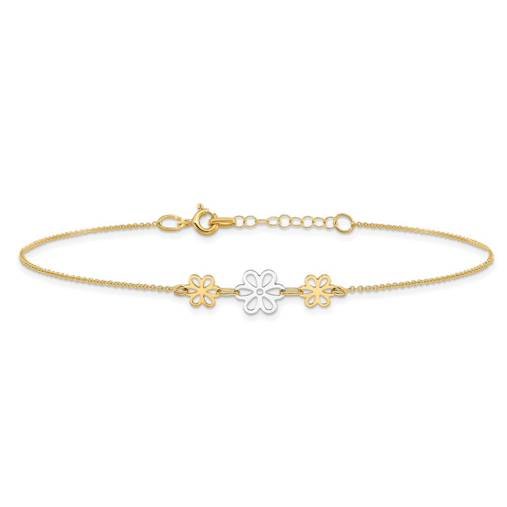 14K Two-tone Polished Three Cut-out Flowers 9 inch Plus 1 inch Extender - Total 10 inch Anklet