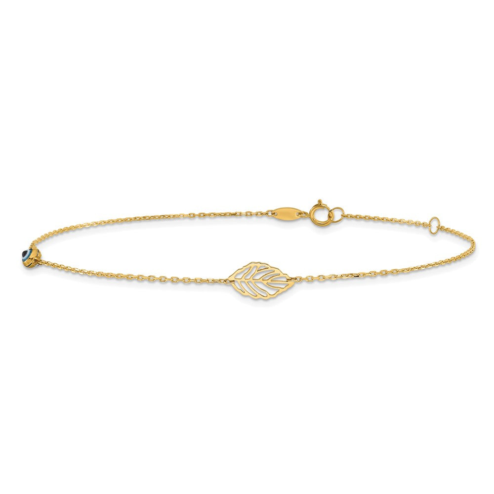 14k Leaf and Glass Eye Bead 9 inch Plus 1 inch Extender - Total 10 inch Anklet