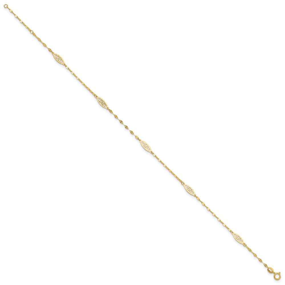14K Fancy Filigree Link 5-Station 9 inch Plus 1 inch Extender - Total 10 inch Anklet