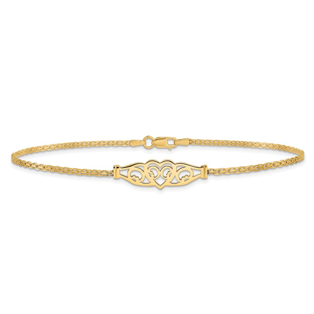 14k Polished Filigree Heart and Bismark Chain 10 inch Anklet