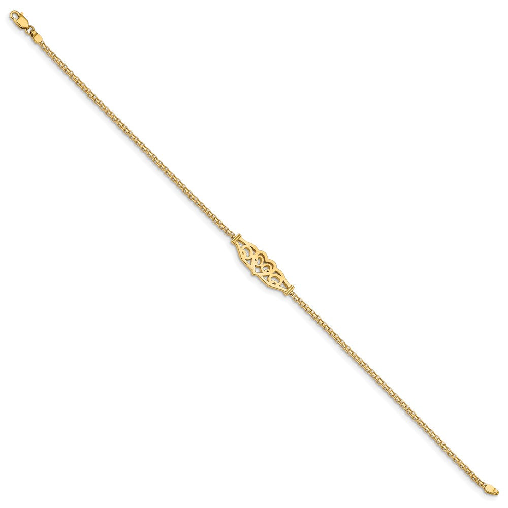 14k Polished Filigree Heart and Bismark Chain 10 inch Anklet