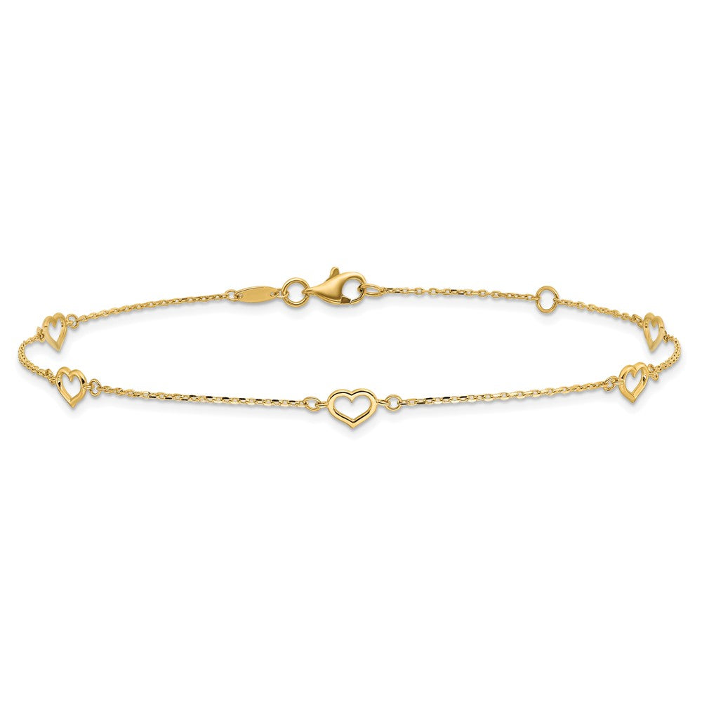 14K Open Heart and Chain 5-Station 9 inch Plus 1 inch Extender - Total 10 inch Anklet