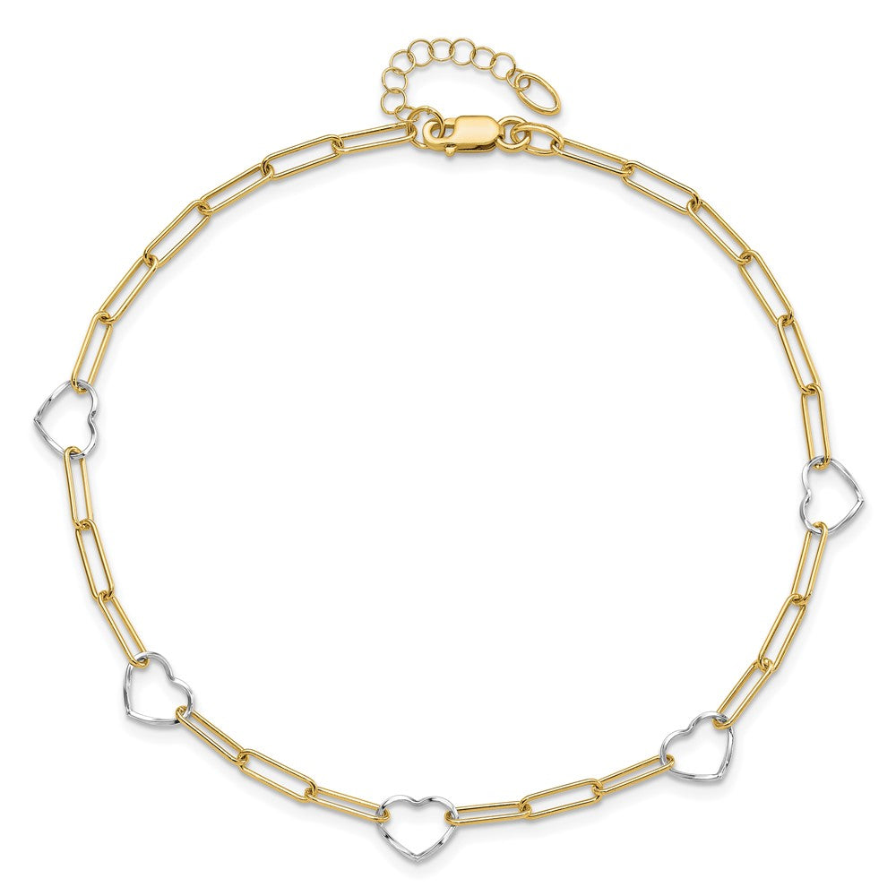 14K Two-tone 5 Hearts and Paperclip Links 9 inch Plus 1 inch Extender - Total 10 inch Anklet
