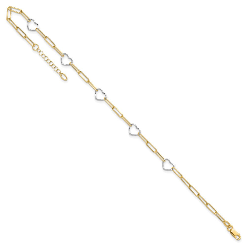 14K Two-tone 5 Hearts and Paperclip Links 9 inch Plus 1 inch Extender - Total 10 inch Anklet