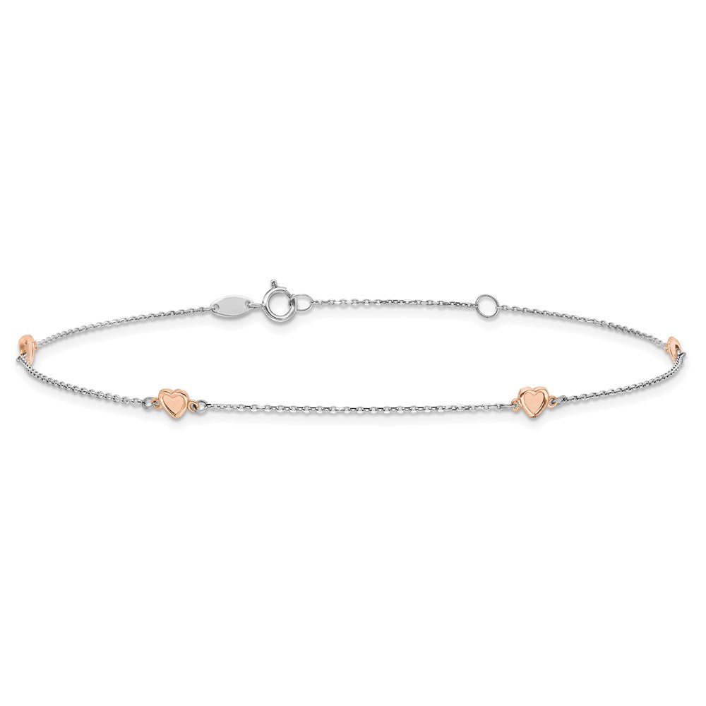 14K Two-tone White and Rose Satin Hearts 4-Station 9 inch Plus 1 inch Extender - Total 10 inch Anklet
