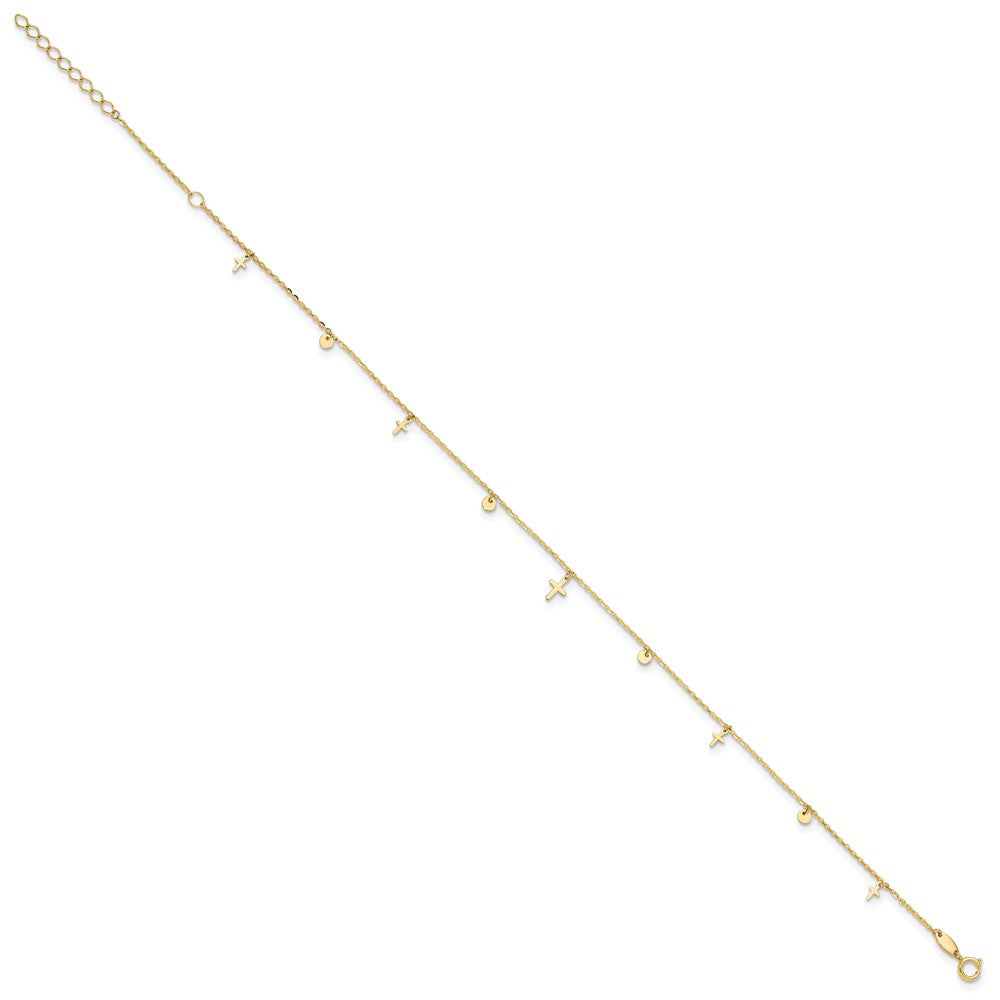 14K Polished Dangle Crosses and Circles 9 inch Plus 2 in Extender - Total 11 inch Anklet