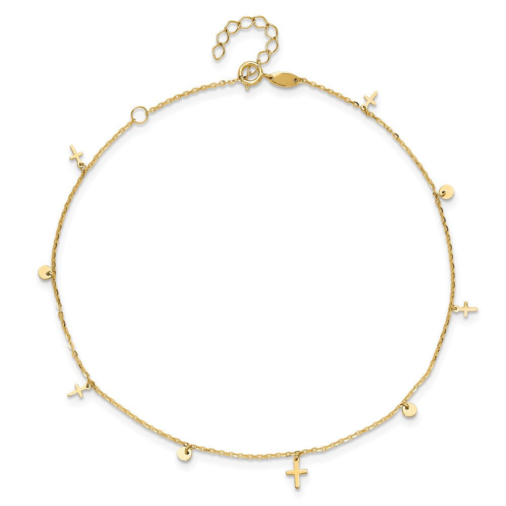 14K Polished Dangle Crosses and Circles 9 inch Plus 2 in Extender - Total 11 inch Anklet