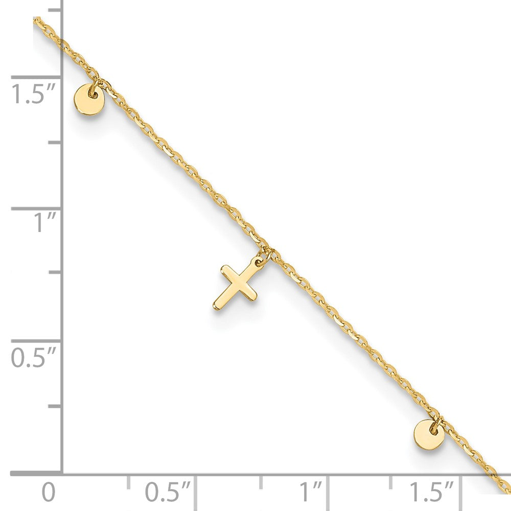 14K Polished Dangle Crosses and Circles 9 inch Plus 2 in Extender - Total 11 inch Anklet