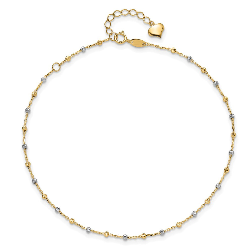 14K Two-tone Diamond-cut Bead 10 inch Plus 1 inch Extender - Total 11 inch Anklet