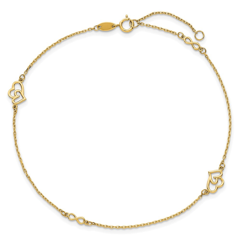 14k Polished Double Hearts and Infinity 9 inch Plus 1 inch Extender - Total 10 inch Anklet