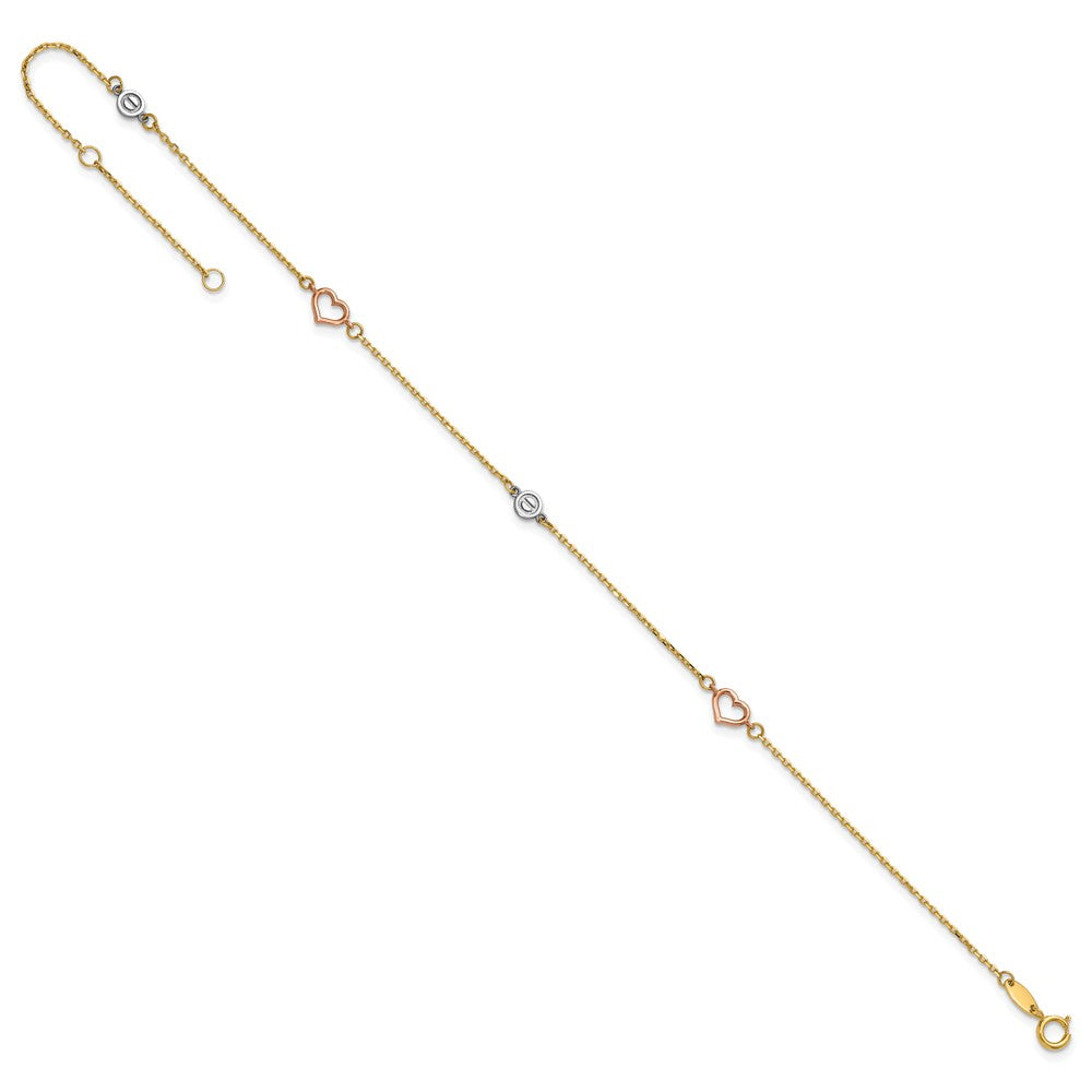 14k Tri-color Polished Hearts and Circles 9 inch Plus 1 inch Extender - Total 10 inch Anklet