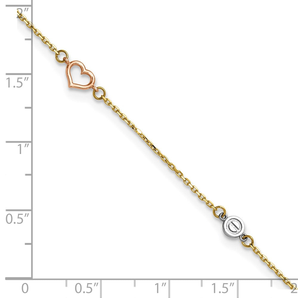 14k Tri-color Polished Hearts and Circles 9 inch Plus 1 inch Extender - Total 10 inch Anklet