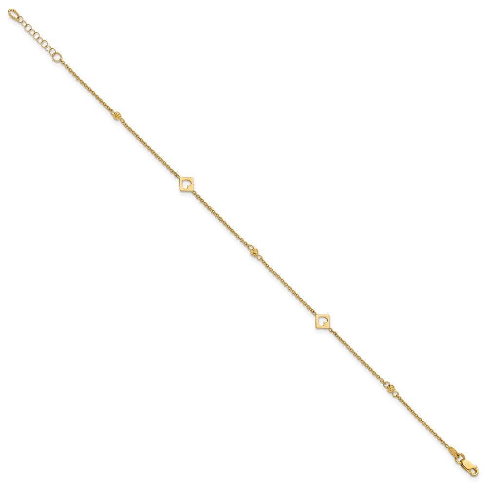 14k Polished Cut-out Hearts and Diamond-cut Beads 9 inch Plus 1 inch Extender - Total 10 inch Anklet