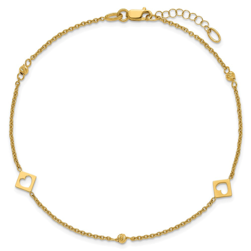 14k Polished Cut-out Hearts and Diamond-cut Beads 9 inch Plus 1 inch Extender - Total 10 inch Anklet