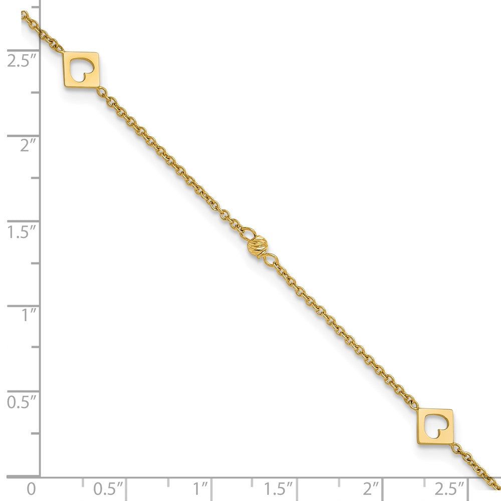 14k Polished Cut-out Hearts and Diamond-cut Beads 9 inch Plus 1 inch Extender - Total 10 inch Anklet