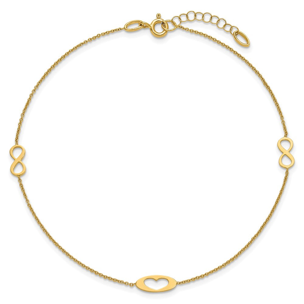 14k Polished Infinity and Heart 9 inch Anklet with 1 inch Extender - Total 10 inch Anklet