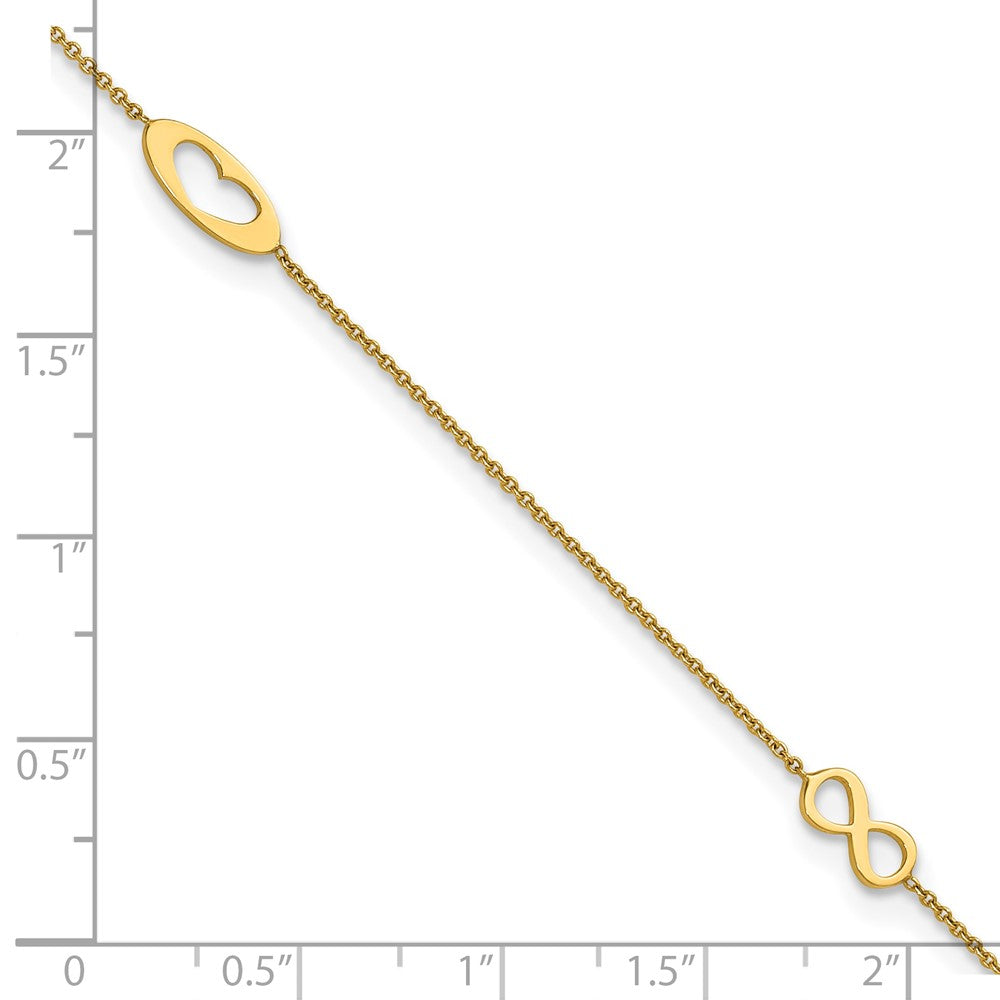 14k Polished Infinity and Heart 9 inch Anklet with 1 inch Extender - Total 10 inch Anklet