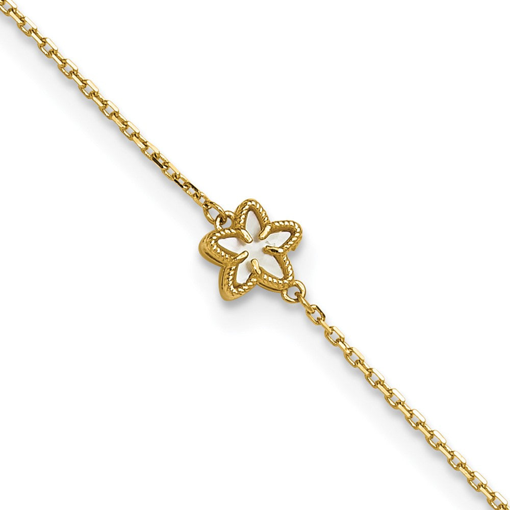 14K Polished Mother of Pearl Flower 9 inch Plus 1 inch Extender - Total 10 inch Anklet