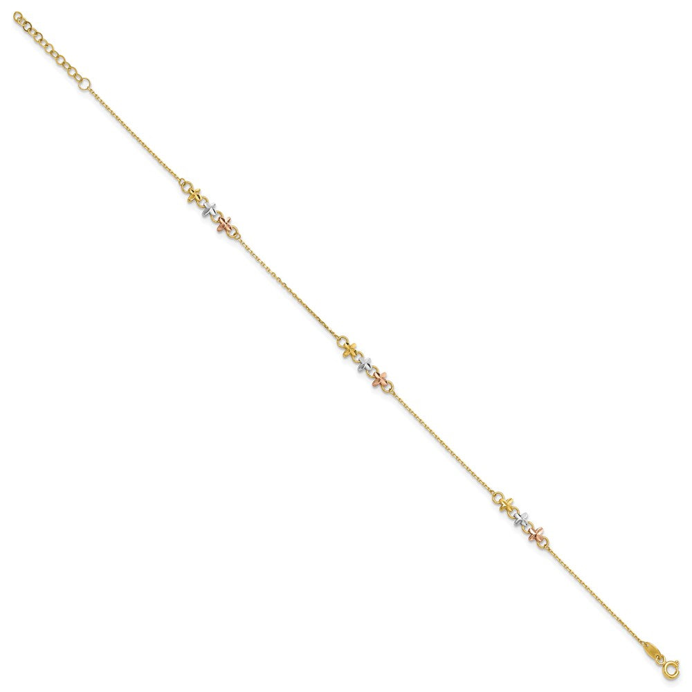 14K Two-tone with White Rhodium 3-Station Flowers 9 inch Plus 1 inch Extender - Total 10 inch Anklet