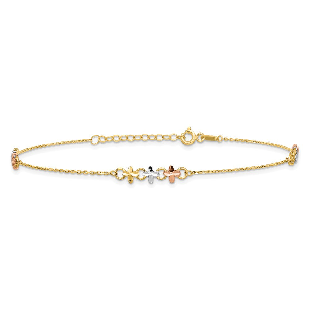 14K Two-tone with White Rhodium 3-Station Flowers 9 inch Plus 1 inch Extender - Total 10 inch Anklet